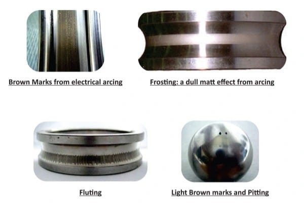 Close-up diagram showing washboard-like fluting patterns and pitting on bearing raceways caused by VFD-induced electrical discharge.