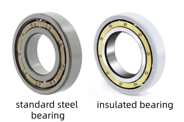 A visual comparison showing an insulated bearing replacement next to a standard steel bearing, highlighting the size interchangeability.