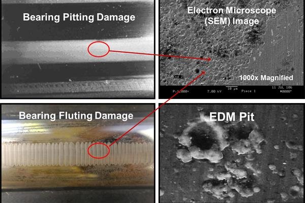 Microscopic comparison showing electrical discharge machining (EDM) pitting and fluting on a standard bearing versus a clean raceway on an insulated bearing.
