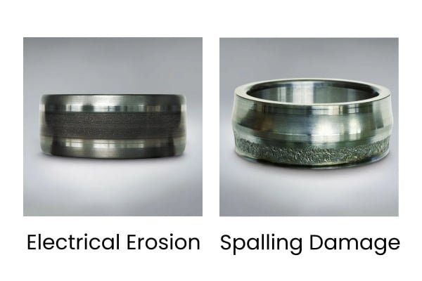 Electrical Pitting vs. Mechanical Pitting: How to Tell the Difference A split-view comparison showing the dull "frosted" appearance of electrical pitting on the left versus the jagged, flaking damage of mechanical spalling on the right.