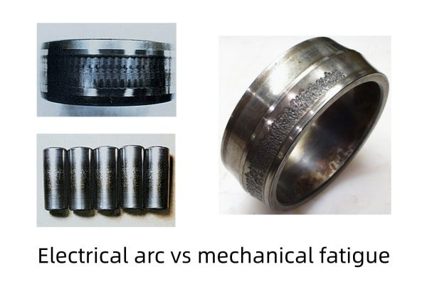Microscope images contrasting the melted, sharp-edged craters of electrical pitting with the irregular spalling of mechanical fatigue.