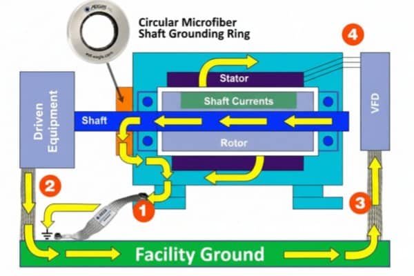 Installation of a flat braided grounding strap on a VFD motor to mitigate high-frequency skin effect impedance.