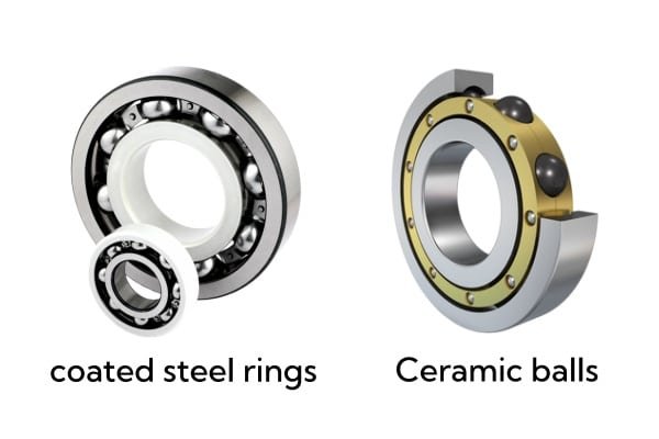 Side-by-side comparison of a hybrid bearing with ceramic balls and a plasma-coated insulated bearing for wind turbines.