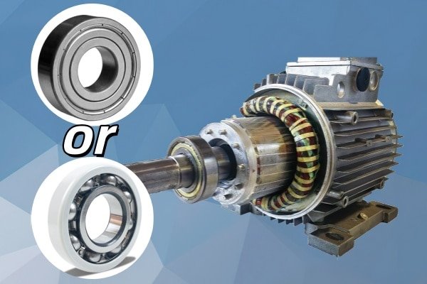 A visual comparison showing an insulated bearing replacement next to a standard steel bearing, highlighting the coating layer used for electrical protection.
