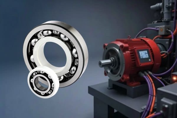 A close-up of a high-quality insulated motor bearing designed to prevent electrical erosion in Variable Frequency Drive applications.