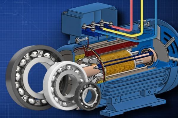 A cutaway view of an electric motor highlighting an insulated bearing that prevents shaft voltage from damaging the raceways.