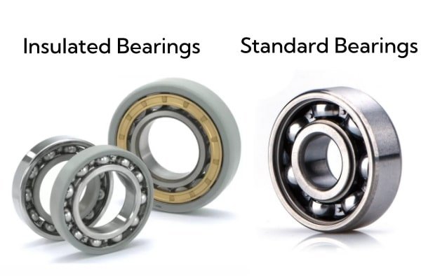 Side-by-side visual comparison highlighting the structural differences between a standard steel bearing and an electrically insulated bearing.