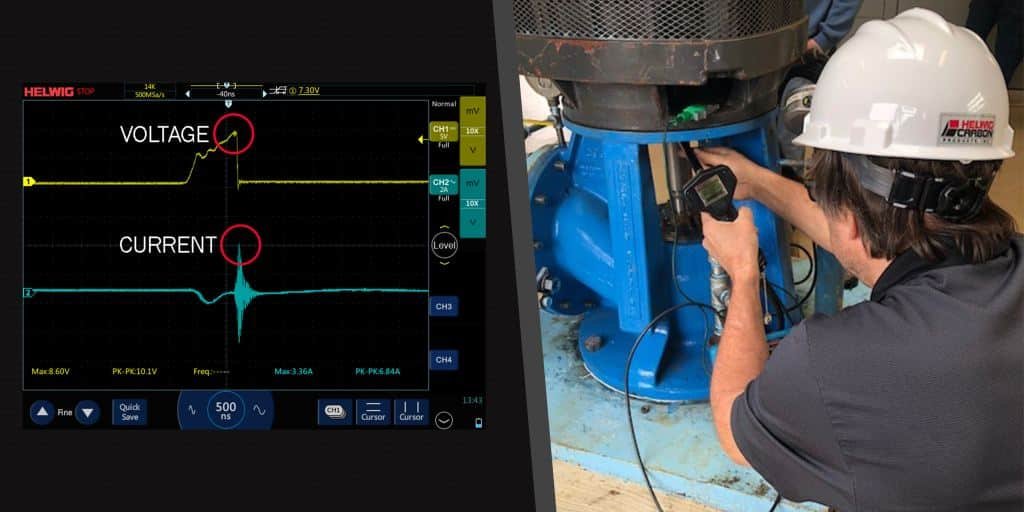 Motor Shaft Voltage Explained: Causes, Limits, and Prevention An engineer using a carbon brush probe and an oscilloscope to measure high-frequency shaft voltage on a running motor.