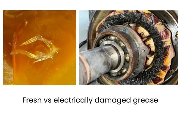 Visual comparison showing fresh, oily amber grease next to hardened, black grease damaged by electrical currents.