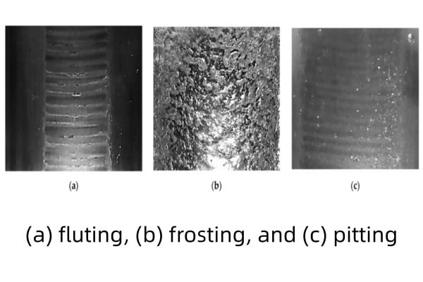Visual comparison of the three stages of electrical bearing damage: individual pitting, widespread frosting, and patterned fluting.
