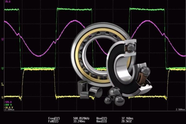 A composite image showing a high-speed Silicon Carbide (SiC) drive waveform background and a hybrid ceramic bearing, symbolizing protection against high-frequency shaft voltage.