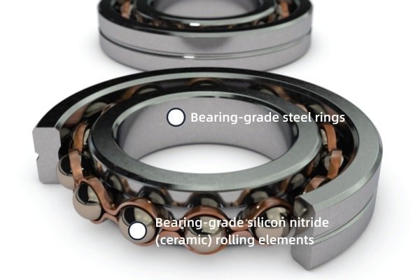 A disassembled hybrid bearing showing steel rings and lightweight silicon nitride ceramic rolling elements.