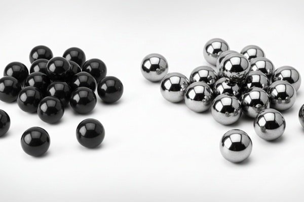 Comparison chart illustrating the 60% weight reduction and higher Rockwell hardness of Silicon Nitride balls compared to bearing steel.
